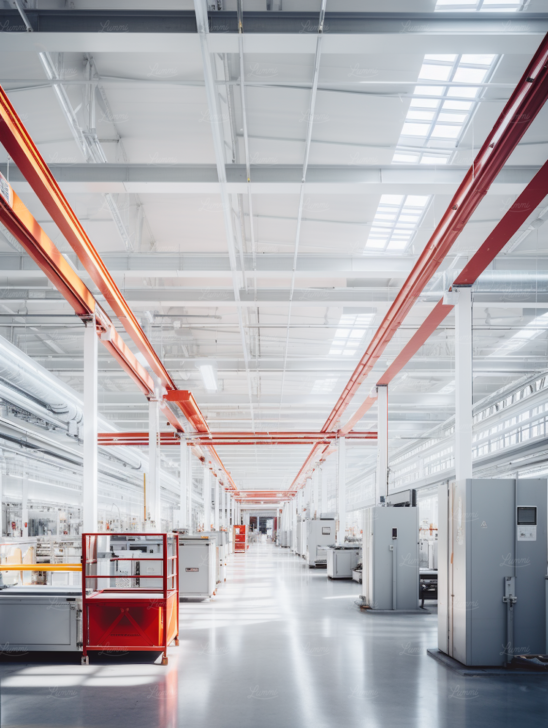 Interior de galpão industrial com vigas metálicas laranja e equipamentos alinhados